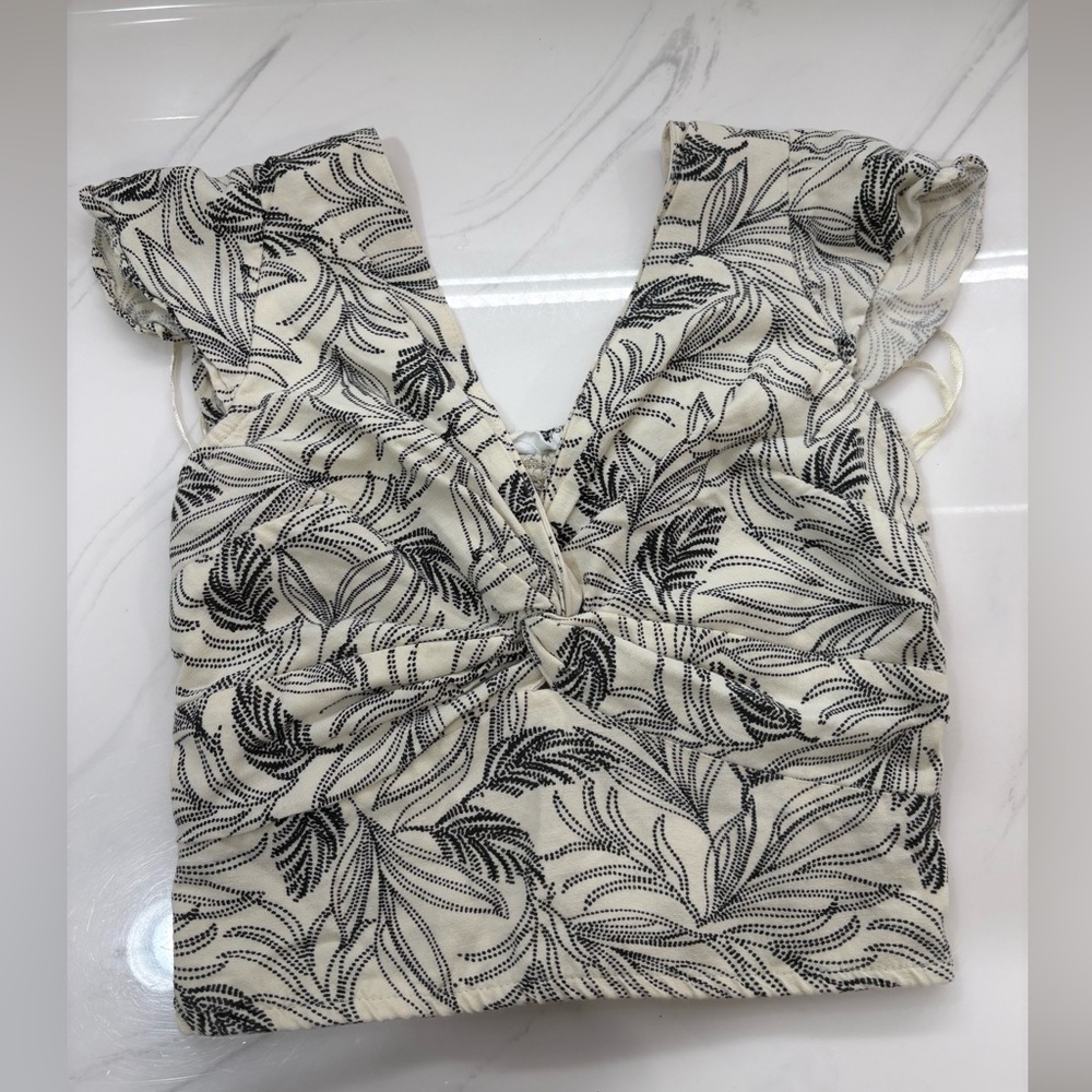 Sky Black and White Ruched Ruffled Blouse
